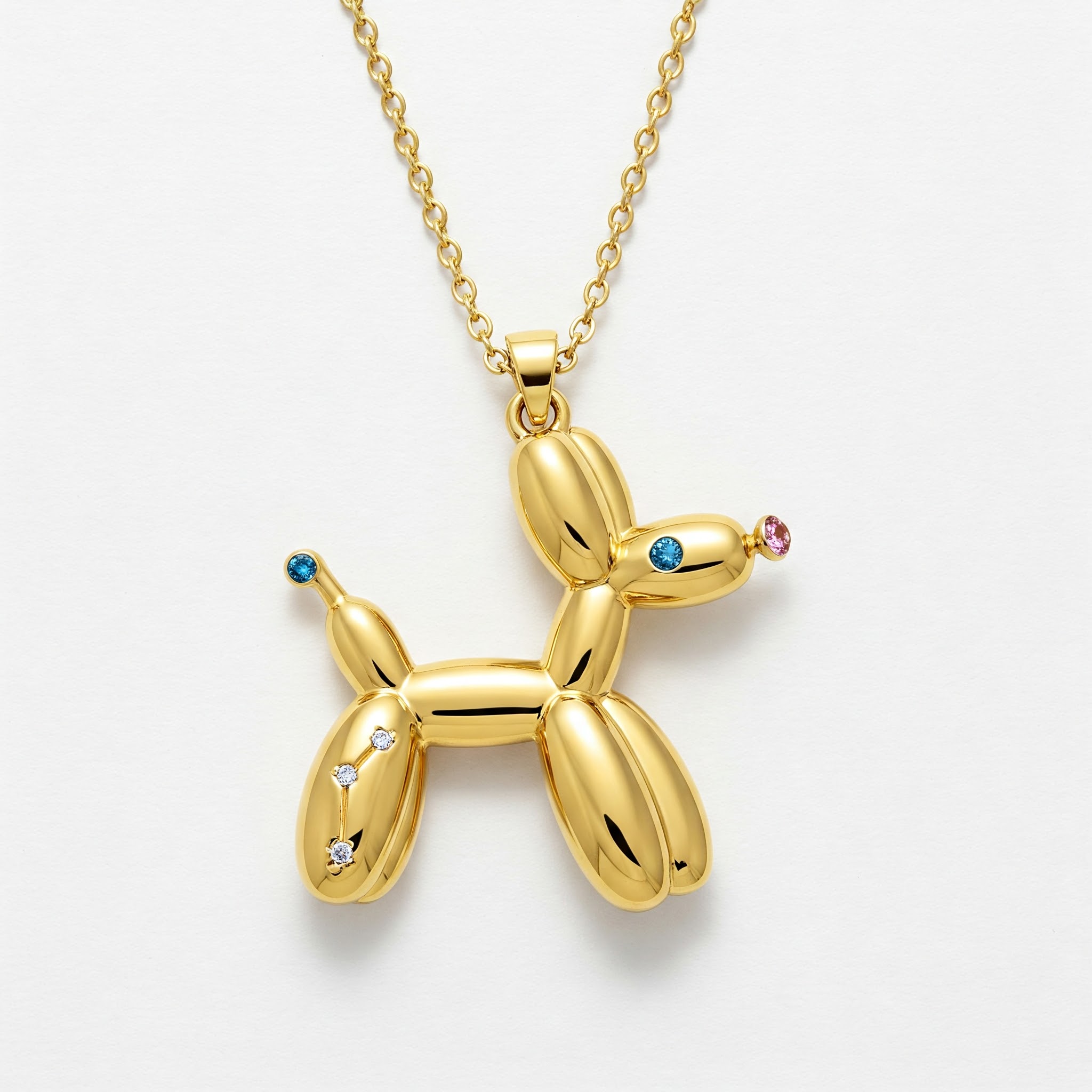 Gold Balloon Dog Pendant Necklace - Stainless Steel with Multi-colored Stones